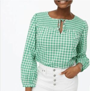 J. Crew Green and White Gingham Plaid Smocked Top sz XS Country Cottage